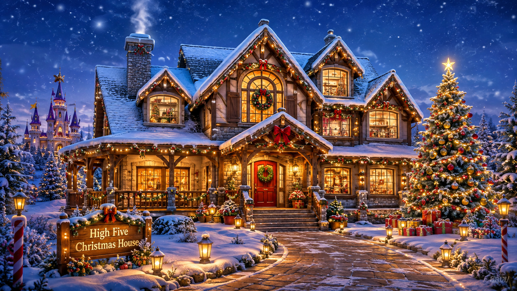 The High Five Christmas Cottage glowing with warm lights, festive decorations and a Christmas tree in the snow